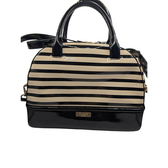 Kate Spade New York Black & Cream Striped Patent Dome Satchel Bag (Bow Accent) - Picture 2 of 7